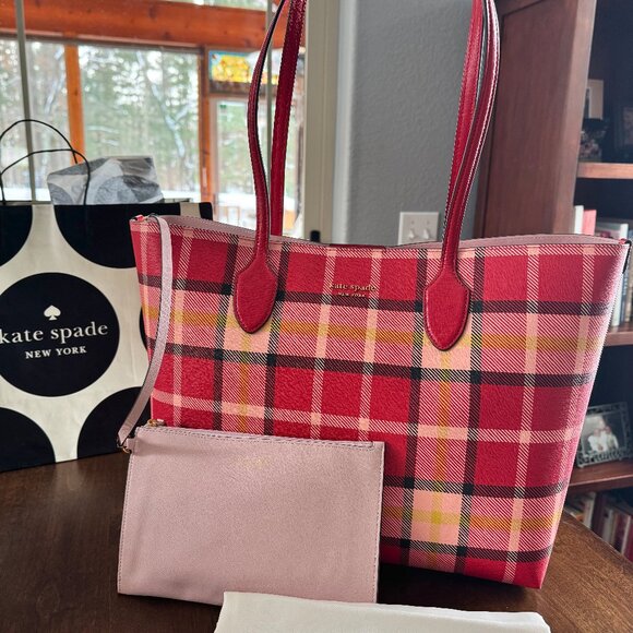 NWT Kate Spade Bleecker Museum Plaid Large Tote Bag KD642 Engine Red Multi - Picture 1 of 9